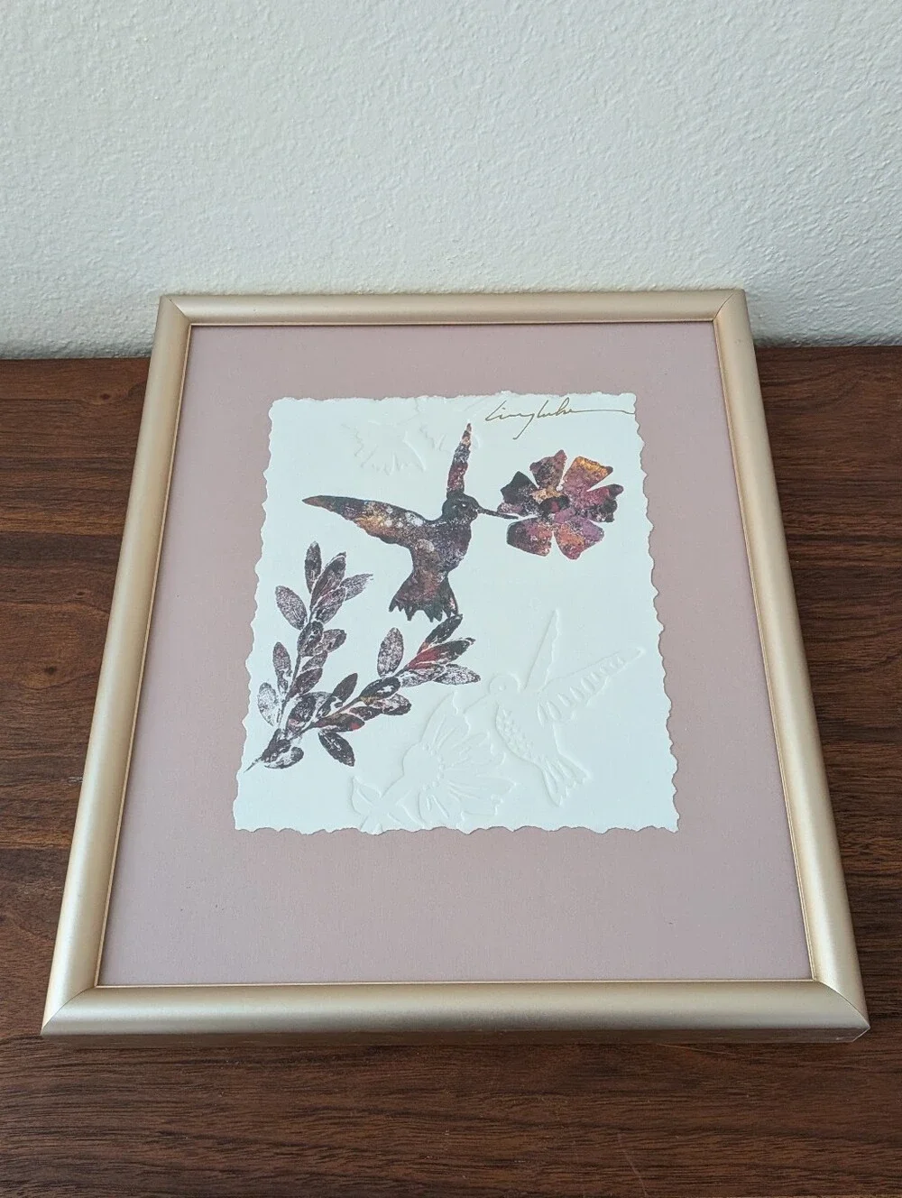 King Kuka Embossed Lithograph Hummingbird Framed Matted 12.25